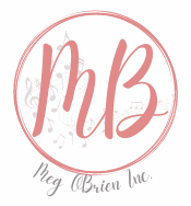 Meg OBrien Inc. logo featuring the initials “MB” in a soft pink "O" with musical notes in the background.